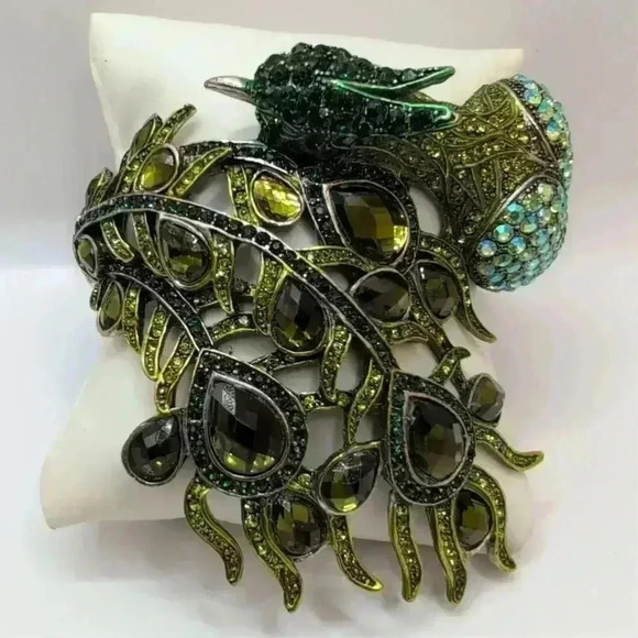 Peacock Design Rhinestone Silvertoned Clamper Cuff Bracelet Adjustable - Picture 4 of 12